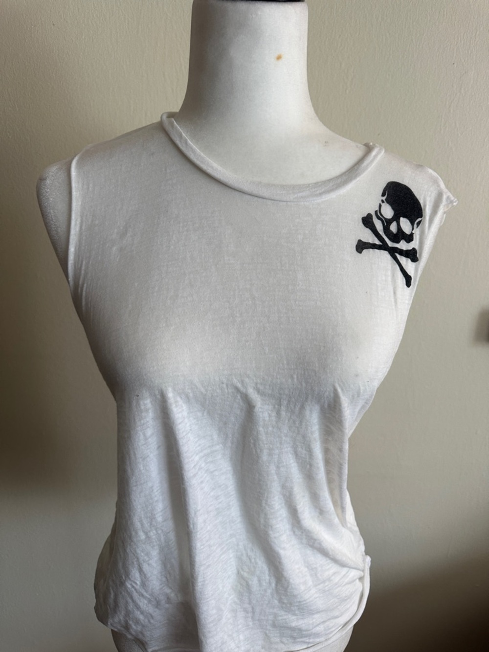 soulcycle White Tank Top with Black Skull Graphic